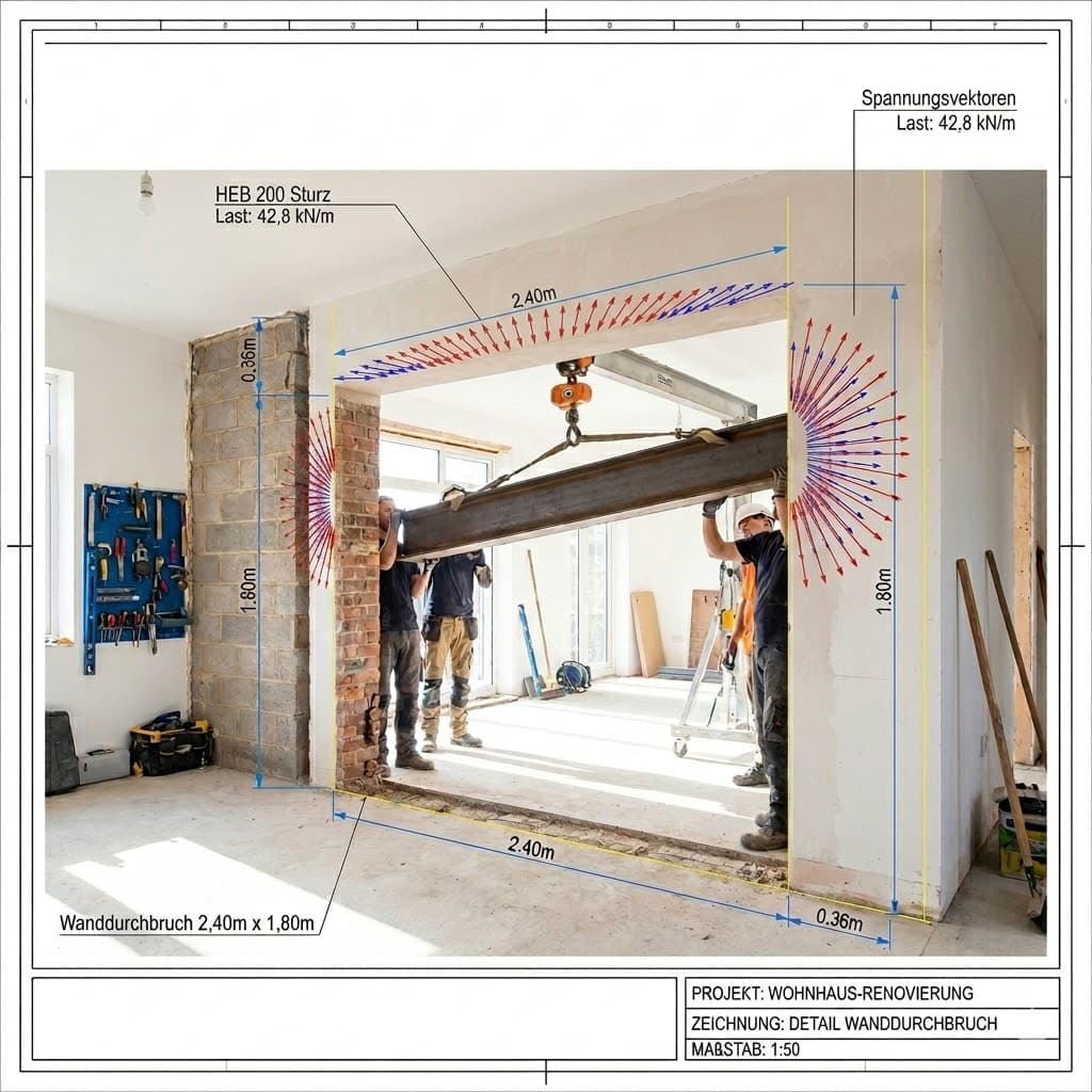 Wanddurchbruch in einer tragenden Wand mit eingebautem Stahlträger